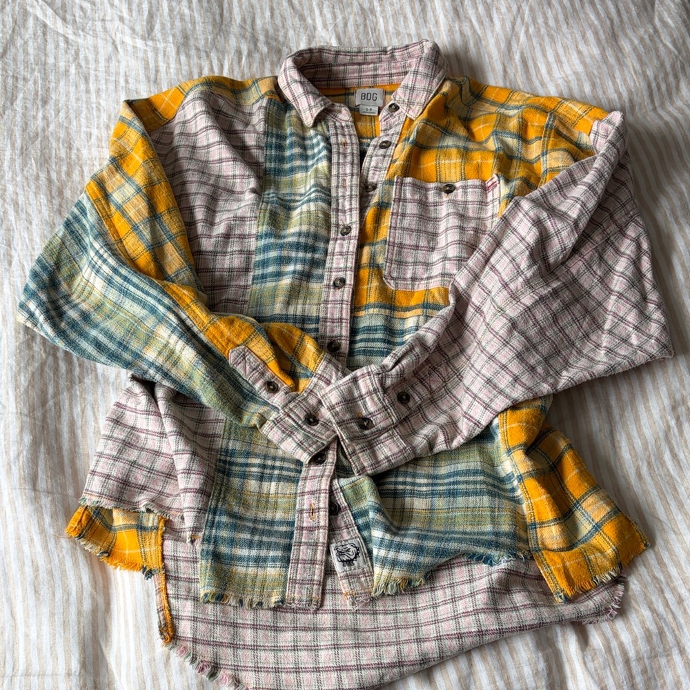 BDG Kids Plaid Button Down Shirt - Yellow, Green, and Cream